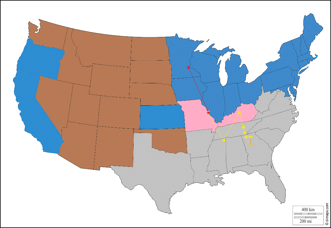 Map of US showing the places where battle took place